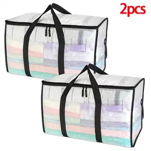 2pcs Large Transparent Thick Plastic Storage Boxes, Hinged Lid, Durable, High Capacity, Ideal for Home, Moving, Attic Organization