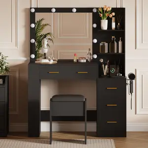 41" Large Vanity Desk with 10-Bulb Mirror and Built-in Outlets - Makeup Vanity Desk with 3 Color Lighting Modes and 5 Drawers - Dressing Table with Soft Cushioned Stool for Bedroom