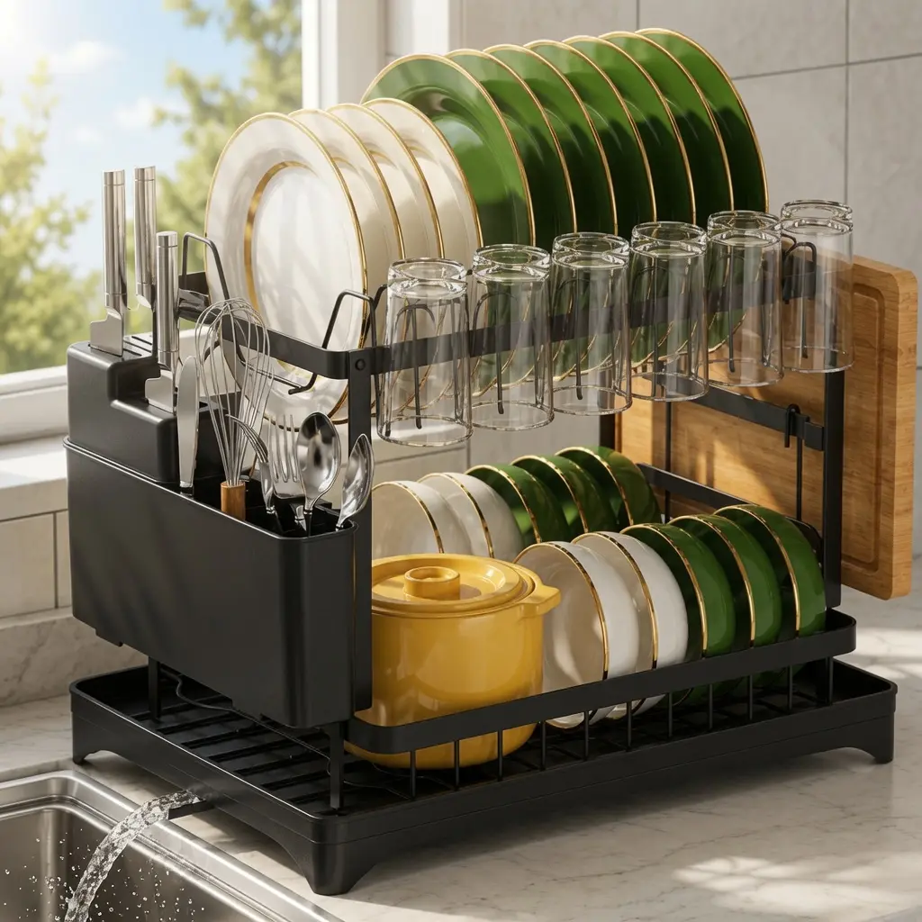 VIREFIRA Black 2-Tier Aluminium Dish Drying Rack Organiser - Large, Rust-Resistant, Space-Saving, Stable Dish Drainer with Drainboard for Kitchen Counter Plates, Bowls, Glasses, Utensils Adjustable Storage Metal Rack