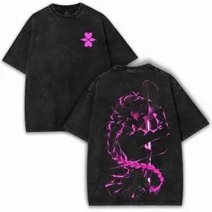 Men's Demon Slayer Mitsuri Love Hashira Rage Mode Short-Sleeve T-Shirt, Heavy Washed Distressed Cotton Oversized Casual Festive Menswear, Anime Blade Fans Collector Drop