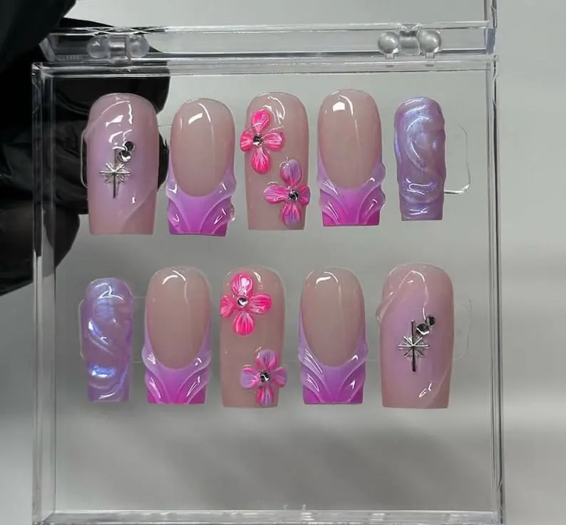3D flower graffiti nails /hand painted custom press on nails/ hand made Press on Nails/Faux Acrylic Nails/ Gel Nails/Press on Nails