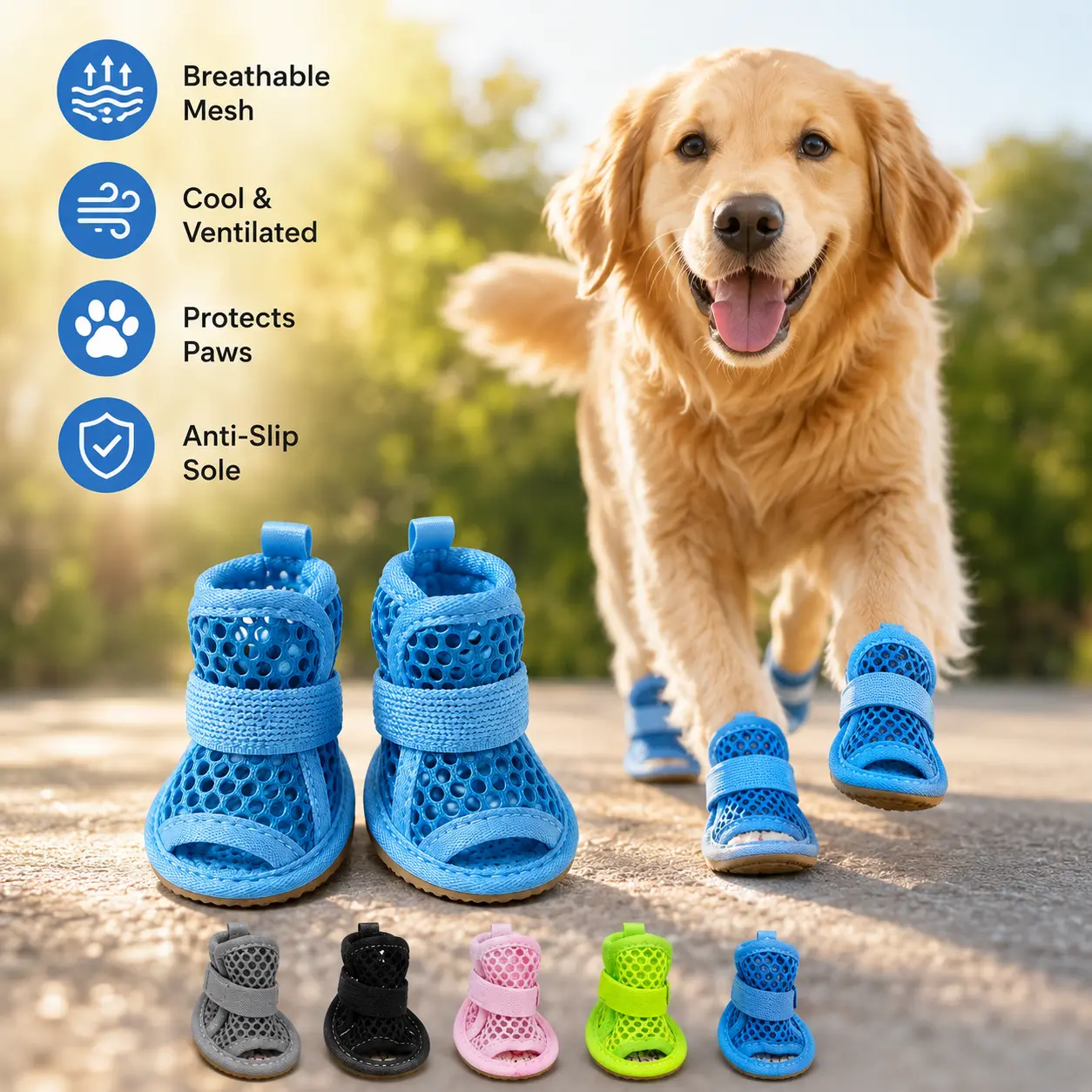 4 Counts Breathable Mesh Dog Shoes, Anti-slip Adjustable Strap Lightweight Pet Paw Protectors for Summer Daily Outdoor Walking