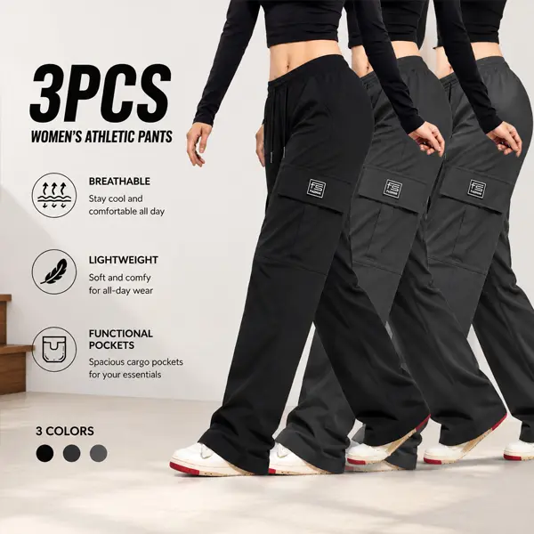Women's 3-Pack Cargo Pants, Loose-Fit Solid Knit Casual Streetwear with Adjustable Drawstring Waist and Multiple Pockets