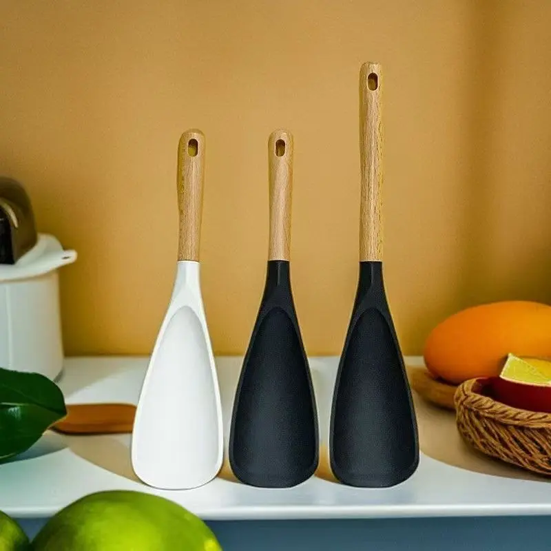 Premium Beech Wood Handle Silicone Turners Spatula Set Nonstick Cookware Safe High Heat Resistant Cooking Spoon Kitchen Salad Mixing Utensils