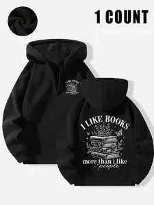 Black Fleece Half-Zip, Graphic 'I Like Books More Than People' Book Lover Hoodie, Bookish Casual Sweatshirt, Book Fan Streetwear, Warm Soft Fabric, Fit for Book Lover Daily Wear, Reading Gatherings & Winter Outings, Bold Book Theme Slogan
