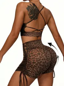 Women's High Waist Sports Suit with Breathable Sports Bra and Shorts, Comfortable & Stylish Yoga in Leopard Design, Workout Ribbed for All Seasons, Stretchy Sportswear Set
