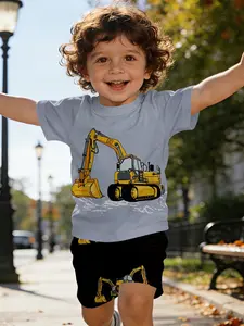 Cartoon excavator printed T-shirt digital printing baby short-sleeve set, casual children's clothing for babies, Baby Boy Clothes, suitable for daily and outdoor wear T-shirt, 100% polyester, perfect gift for infants and young children!