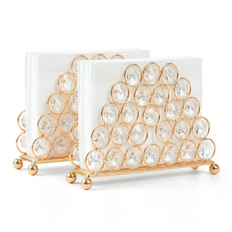 Set of 2 Gold Crystal Napkin Holders, Metal Table Napkin Rack with Crystal Beads, Elegant Table Decor for Wedding, Banquet, Dinner Party & Hotel Tabletop Ornaments