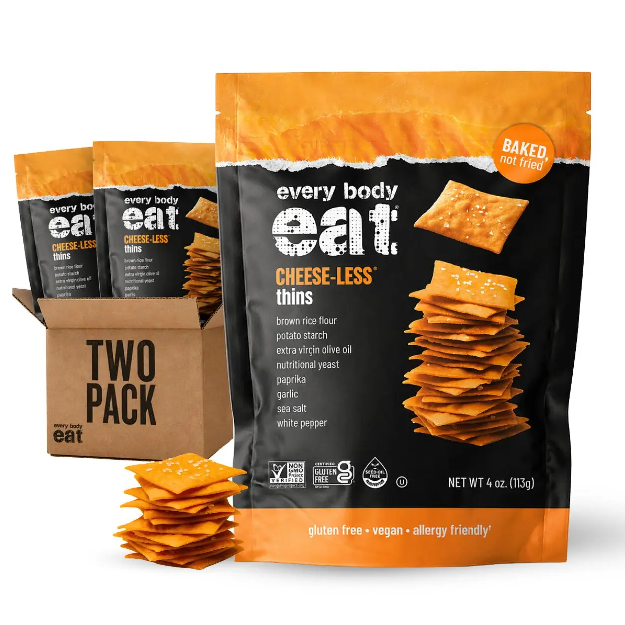Every Body Eat Snack Cracker Thins - Gluten Free, Dairy Free, Seed Oil Free (4oz Pack of 2)