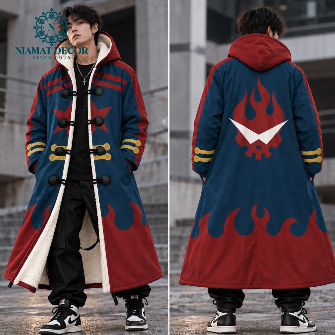 Men's Gurren Lagann Inspired Long Hooded Trench Coat, Blue Red Flame Graphic Cloak with Soft Fleece Lining, Unisex Anime Cosplay Jacket, Toggle Button Closure, Oversized Streetwear Winter Coat, Halloween Outfit