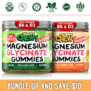 OH MY CHEWY Magnesium Glycinate Gummies Bundle – 2 Bottles (60 Each) – Apple Kiwi & Peach Mango Healthy Snacks outdoorfun