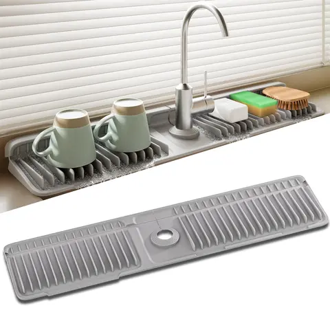 Food-Grade Silicone Kitchen Sink Faucet Drying Mat, 24''x5.5'' Water Splash Proof Kitchen Accessory, Stable 7° Auto Drainage Slope, Quick-Dry Fins, Adjustable Durable Leak-Proof, 0.83in Soap Lift, Fits 1.6-2.7'' Faucets, Easy to Clean, Faster Sink Cleanup