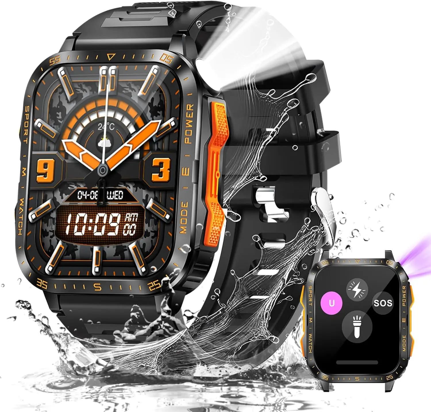 1.96" Big Screen Smart Watch for Men with LED Flashlight/UV Light 3ATM Waterproof Smartwatch with Wireless Calling 100+ Sports Modes Pedometer Watch for iPhone Android Phones