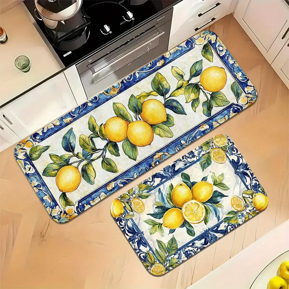[Kitchen Floor Mats] 1pcs 1.2cm Pattern with Traditional Lace And Lemons, Kitchen Floor Mats, Suitable for Living Room, Kitchen, Bedroom, Laundry Room, Room Decoration, Home Decoration, Multiple Size Options, Decorative Kitchen Floor Mats