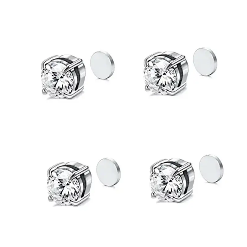 Unisex Non-Piercing Magnetic Metal Ear Studs Set - 2-Pair 6mm Anti-Rust Stainless Steel Clip-On Earrings, Affordable Daily Wear Fashion Accessories