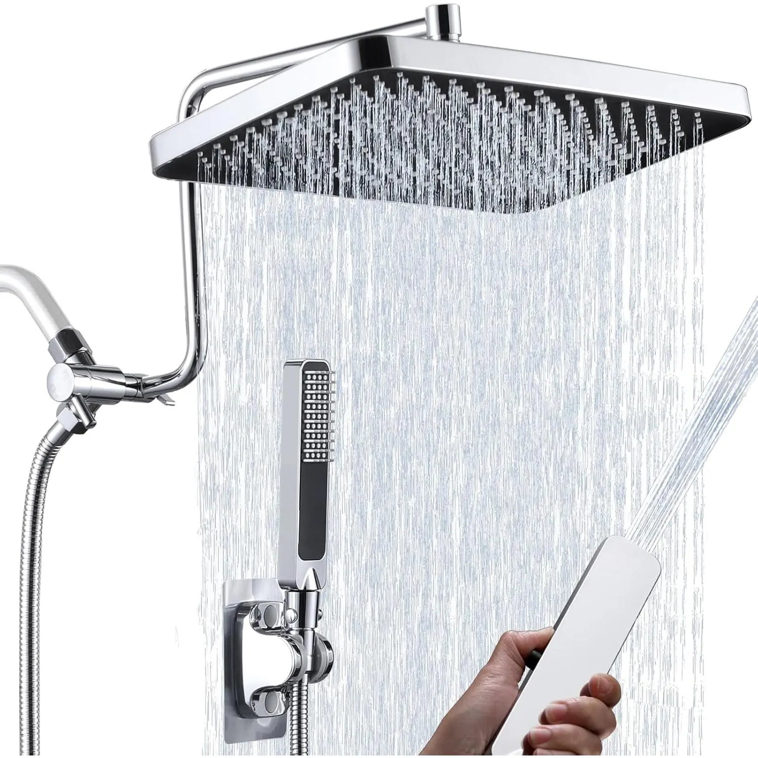 13" High  Rain Shower  with Handheld Spray Combo, Dual Rainfall Shower Heads, Waterfall Tandem Double Showerhead, Adjustable Extension Arm, Massage Handheld Shower - Polished Chrome