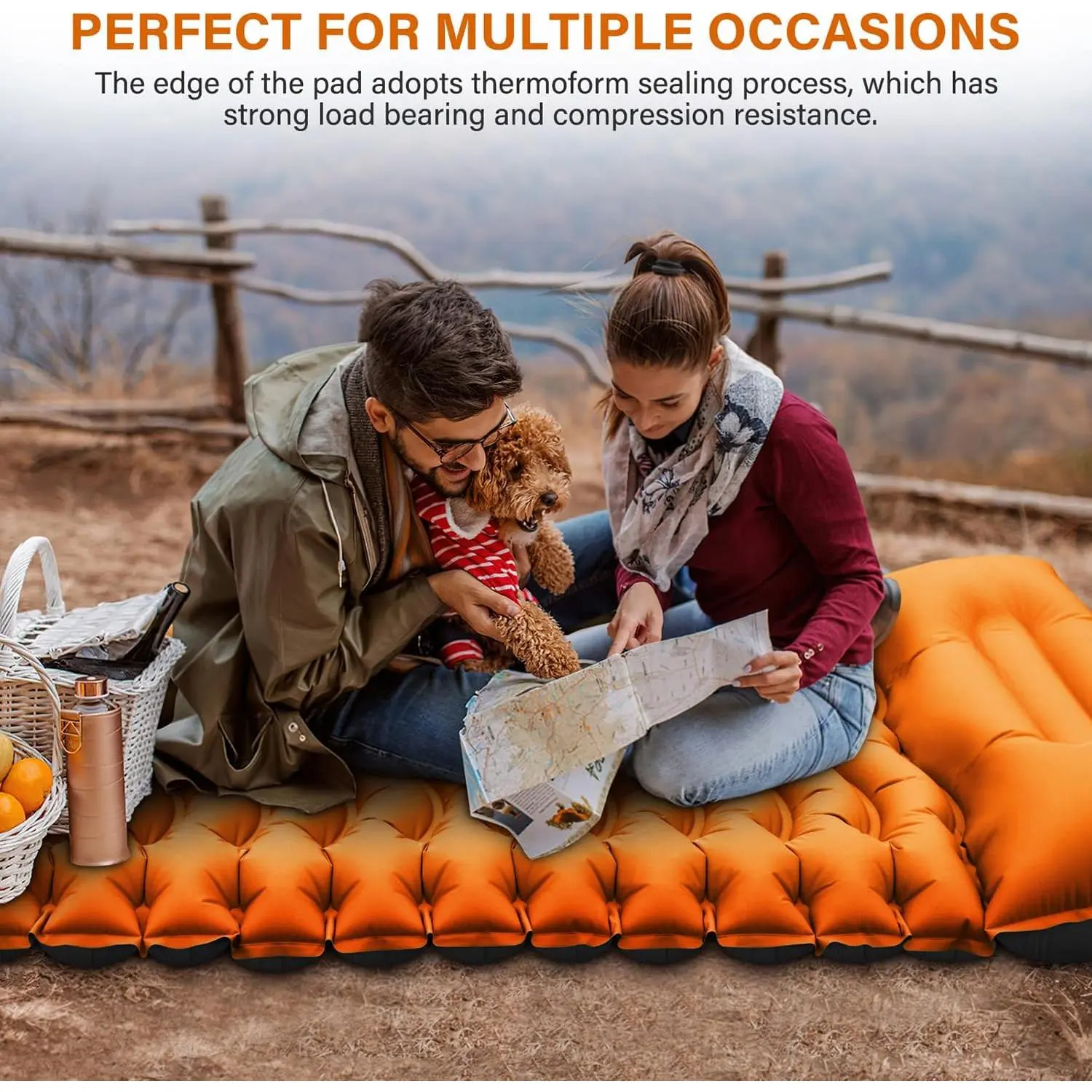 Camping Sleeping Pad Ultralight Mat with Pillow Built-in Foot Pump Inflatable Orange Repair Kit for Camping Backpacking Hiking Traveling