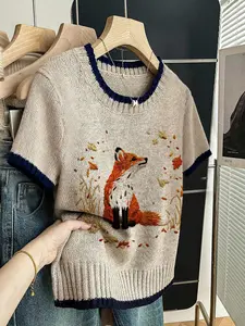 Women's Vintage Farmhouse Fox Print Knit Sweater T-Shirt, Round Neck Short Sleeve, Casual Breathable Design, All Seasons Wear