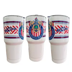 Liga MX Termo Chivas de Guadalajara 30 oz stainless steel tumbler silver and white. Personalized cup chivas