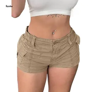 Women Cargo Shorts Solid Color Vintage Elastic Casual Summer Low Waist Shorts with Pockets for Nightclub Streetwear Womenswear Asymmetrical Bottom Everyday Polyester Viscose Beach Fitted Grey jorts outfits women