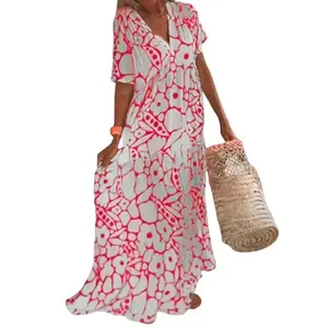 New Summer Printed Short-Sleeve Deep V-Neck Maxi Dress for Women – Casual Women’s Wear, Summer Outfits, Milkmaid Dresses