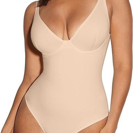 FeelinGirl Women V Neck Bodysuit Thong Tummy Control Shapewear Basic Fabric Fashion Womenswear Springtok Vneck