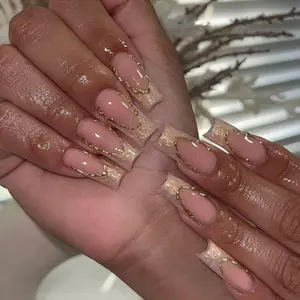 Champagne Aura Press-on Nails – Nude Jelly Base with Gold Foil Frame, Iridescent Tips, Glossy Finish Handmade Luxury Nail Set