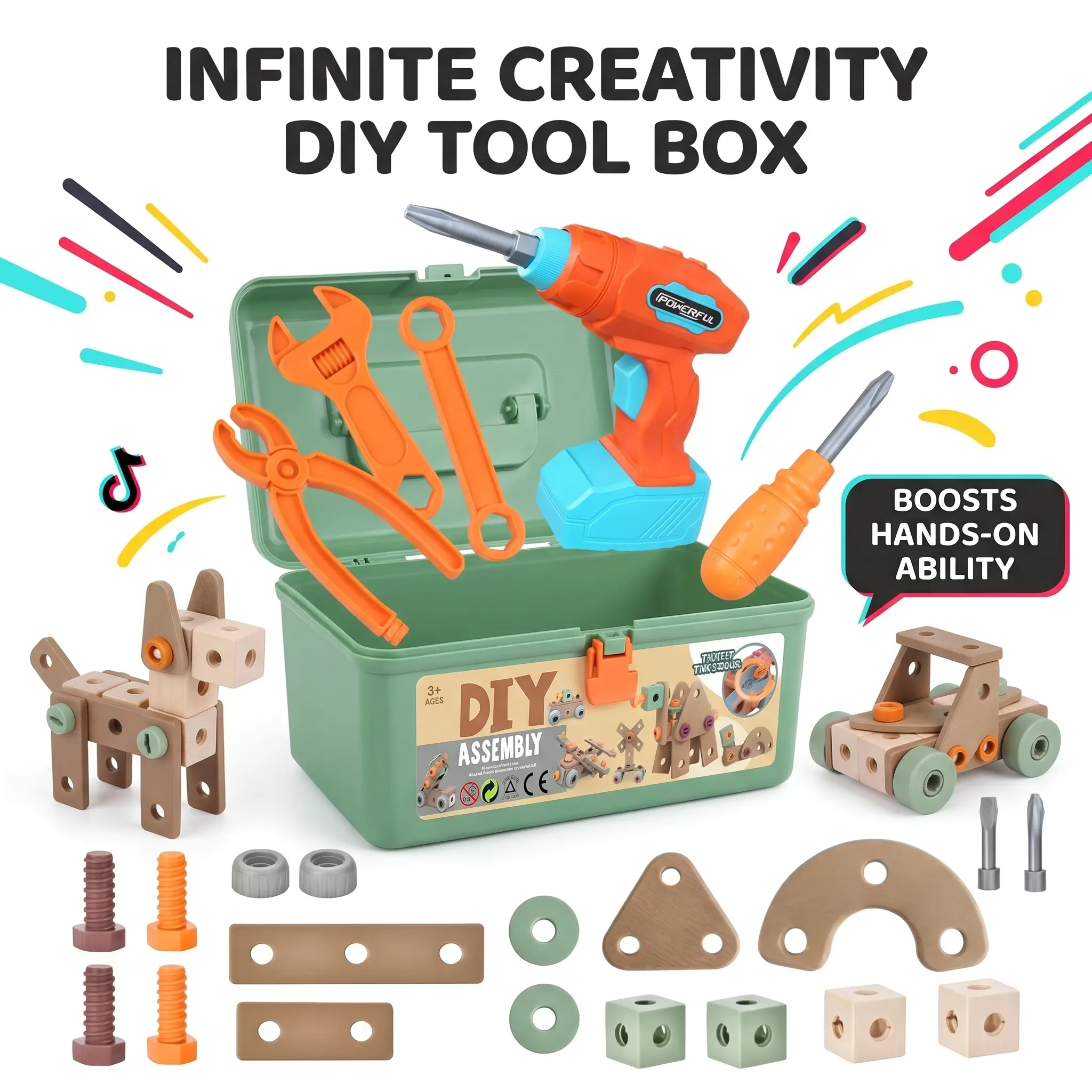 124Pcs Kids Tool Set with Drill & Toolbox - Kid Playset, Multi Activity Playset, STEM Pretend Play Montessori Accessories, Hardware & Tools, Toddler Birthday Gifts for 3-5 Year Old Boys Girls