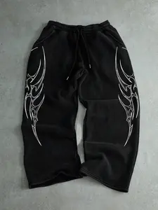 Men's High Street Wide Leg Straight Drawstring Pants, Trendy Dark Totem Print, Tribal Pattern, Casual Daily Wear, Street Style