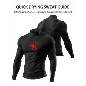 Men's Gothic Dark Spider Print Compression Athletic Fit Long Sleeve Fitness Shirt Breathable Stretchy Activewear for Gym Running Cycling Basketball Workout
