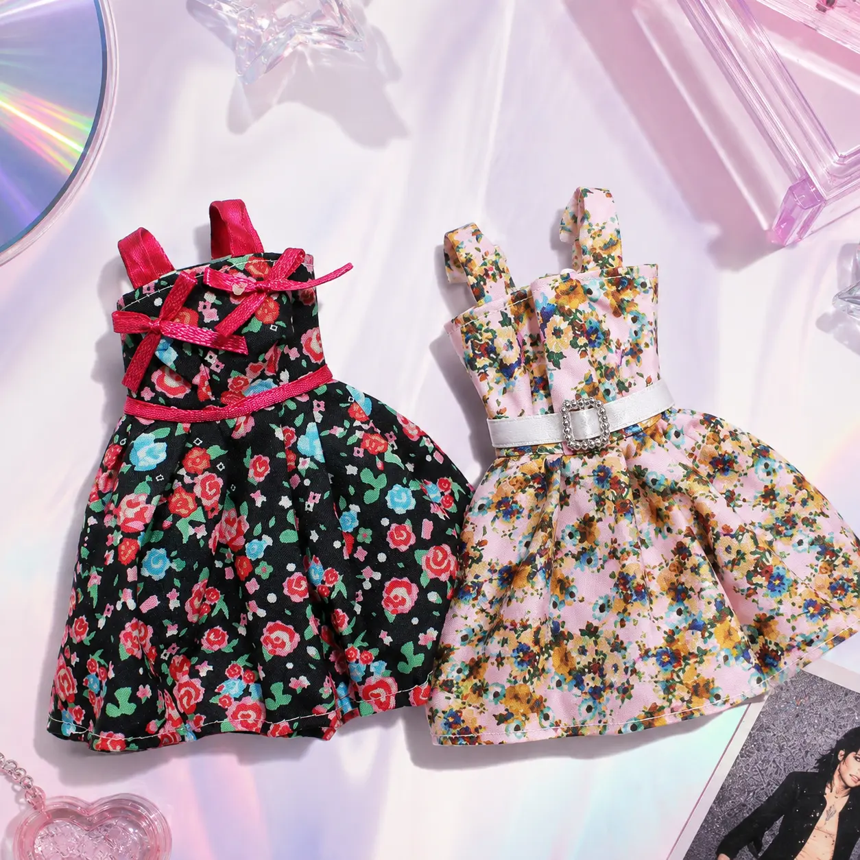 Doll Clothes, Floral Dress Outfit for Bendable Wire Dolls, Cute Fabric Doll Dress with Bow Detail, Mini Doll Clothes Accessories, DIY Doll Styling Outfit, Gift for Doll Lovers