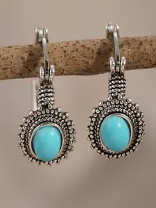 Round Patchwork Earrings with Arc Blue Long Leaf Design, Unique Ocean Style Couple Memorial Gift, Casual All Seasons Jewelry