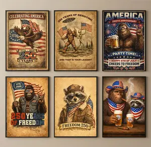 Bigfoot & Raccoon celebrate 4th July unframed poster, Funky Western Memorial Day Wall Art, Independence Day print, Cabin Room Decor, Gift for Dad Him