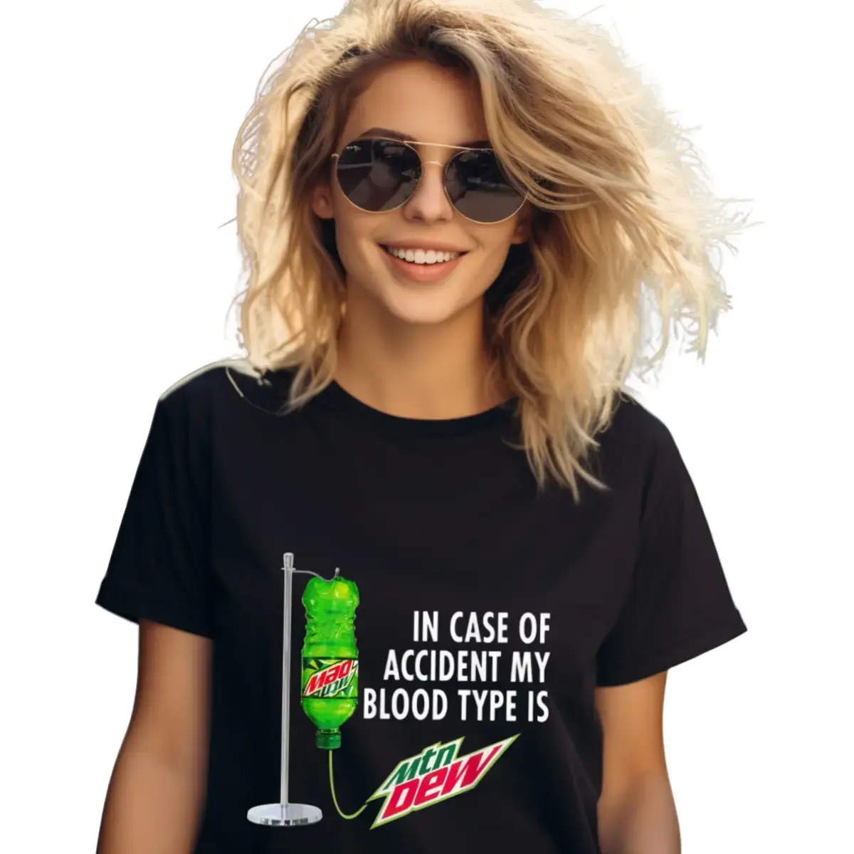 Free Shipping In Case of Accident my Blood Type is Mtn Dew - Mountain Dew - T-Shirt Casual Crewneck