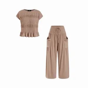 Cider High Stretch Smocked Short Sleeve Top & Mid Rise Wide Leg Cropped Trousers Set