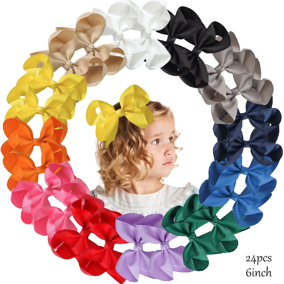 JoyBowie Girl's 24-Piece 6-Inch Solid Color Hair Bows - Cute Graphic Hairpins, Versatile Kids' Hair Accessories Set for 10-11 Years