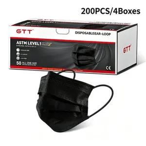 GTT 200PCS Black Disposable Face Masks ASTM Level 1, 3-Ply Breathable Ear-Loop Masks for Adults, All-Purpose Daily Use