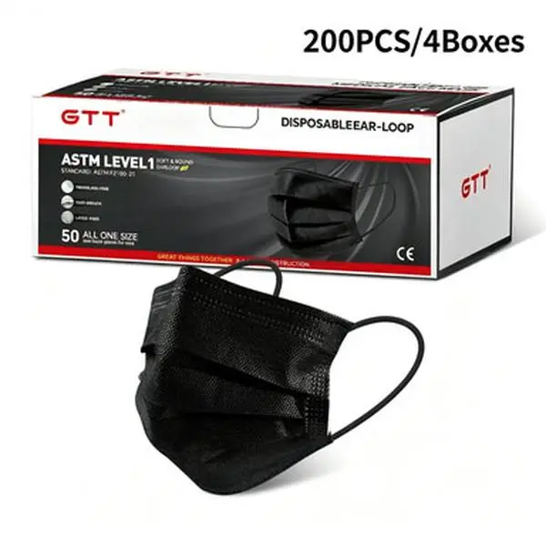 GTT 200PCS Black Non-Woven Disposable Protective Face Masks - ASTM Level 1, 3-Ply Triple, Lightweight, Breathable Ear-Loop, Latex-Free, Bulk Box, Effective Everyday Particulate Protection for Adults Home Care