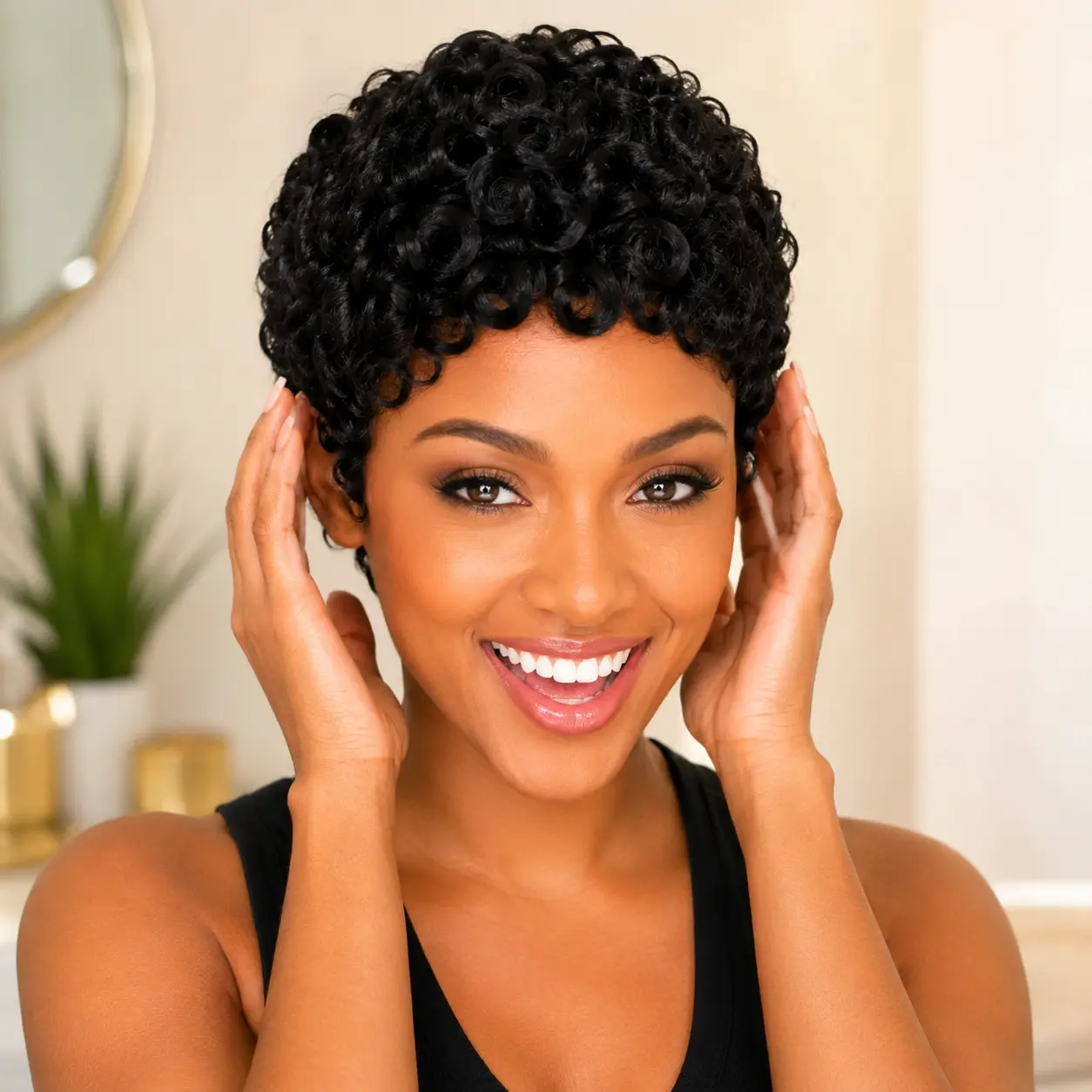 Short Pixie Cut Curly Wig for Black Women Pin Curl Curly Pixie Wig with Bangs Glueless Brazilian Virgin Human Hair Full Machine Made Layered Pixie Wig Beginner Friendly Lightweight Soft Bouncy Tangle Free
