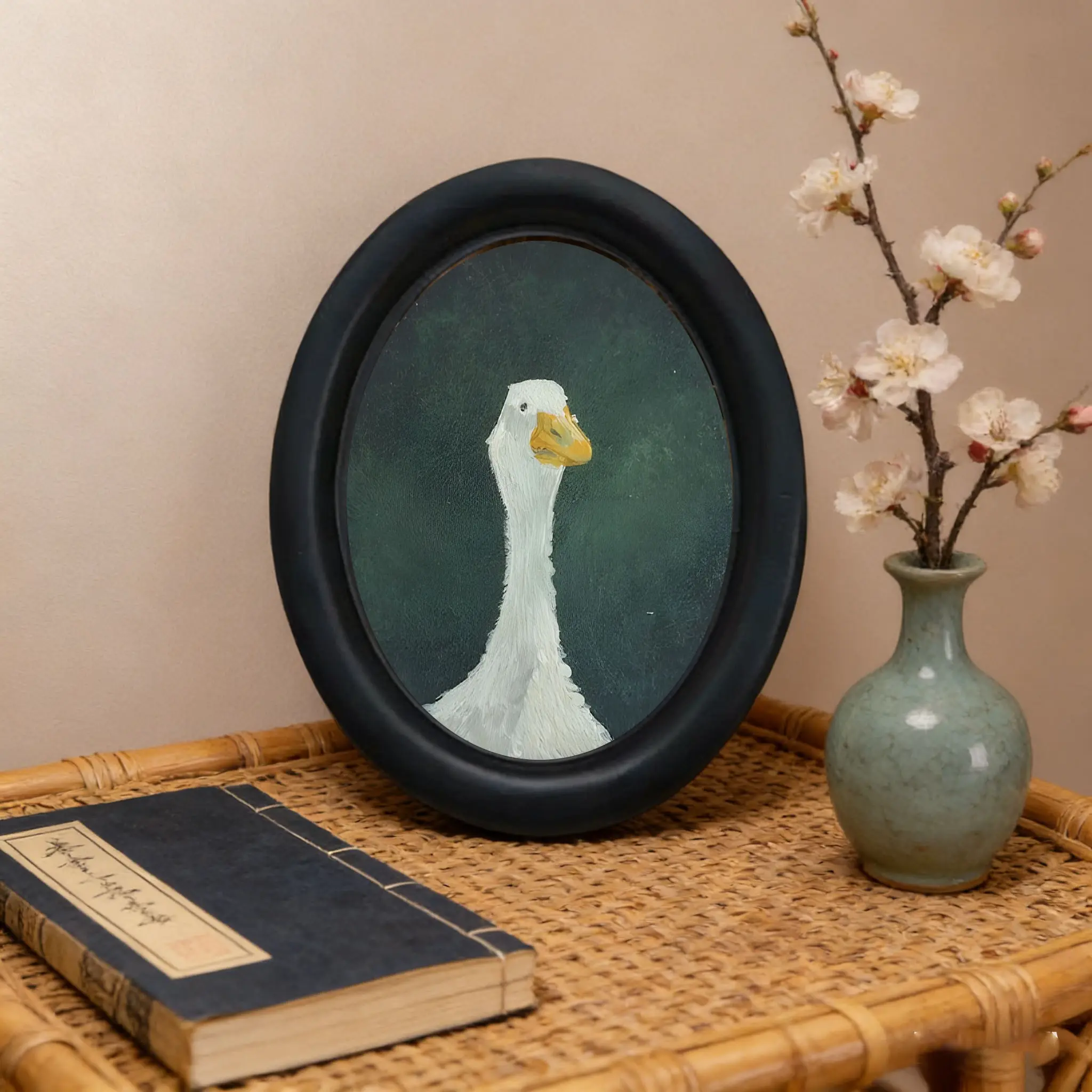 Vintage Goose Oil Painting Artistic Decorative Art, Oval Frame Wall Hanging, Unique Fun Goose Theme Home Ornament, Home Decor Accessory, Healing Creative Gift, Decorative Artwork