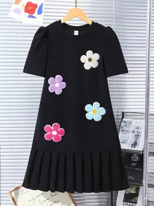 Tween Girls 3D Floral Round Neck Short Puff Sleeve Casual Dress | Summer Holiday Style, Everyday Chic
