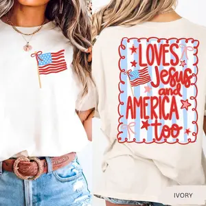 Loves Jesus and America Too Shirt, 4th of July Comfort Colors Patriotic Coquette Bow Tee American Flag Shirt USA Preppy Red White Blue Shirt