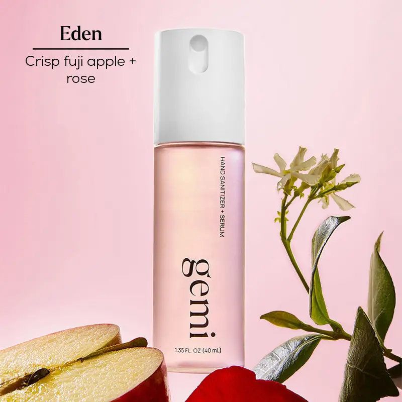 Eden Hand Sanitizer | gemi beauty | Hand Sanitizer + Serum Spray | Hydrating K-Beauty Formula with Centella, Vitamin B5 & Green Tea | Kills 99.9% of Germs | Fruity Floral Scent with Fuji Apple, Rose & Jasmine