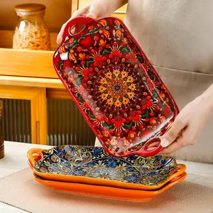 12.6 Inch Ceramic Steamer Fish Dish, Rectangular Serving Plate for Sushi Dessert Salad, Microwave Oven Safe Kitchenware, Rectangular Dinner Plates