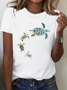 Women's Casual Short Sleeve T-Shirt, Turtle Family Graphic Print, Soft Breathable Fabric, Round Neck, All Seasons