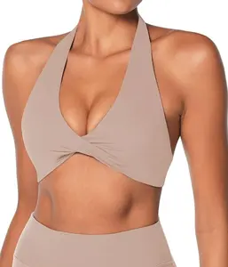 Sunzel women’s halter neck sports bra, twist-front yoga crop top with removable pads, open-back V-neck bra for gym workouts