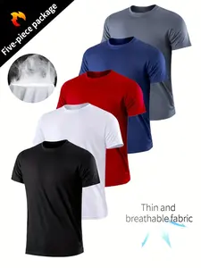 5 Pack Men's Casual Athletic T-Shirt - Breathable Polyester, Crew Neck, Solid Color for All Seasons - Comfortable, stretchy polyester crew neck t-shirt for running and casual wear, short sleeves, stylish.