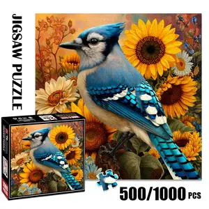 1pc 1000 piece adult puzzle 58x58cm Blue Jay among Sunflowers and Flowers 500 pieces paper jigsaw puzzle suitable for DIY creative games for adults and families, birthday and holiday stress relief g