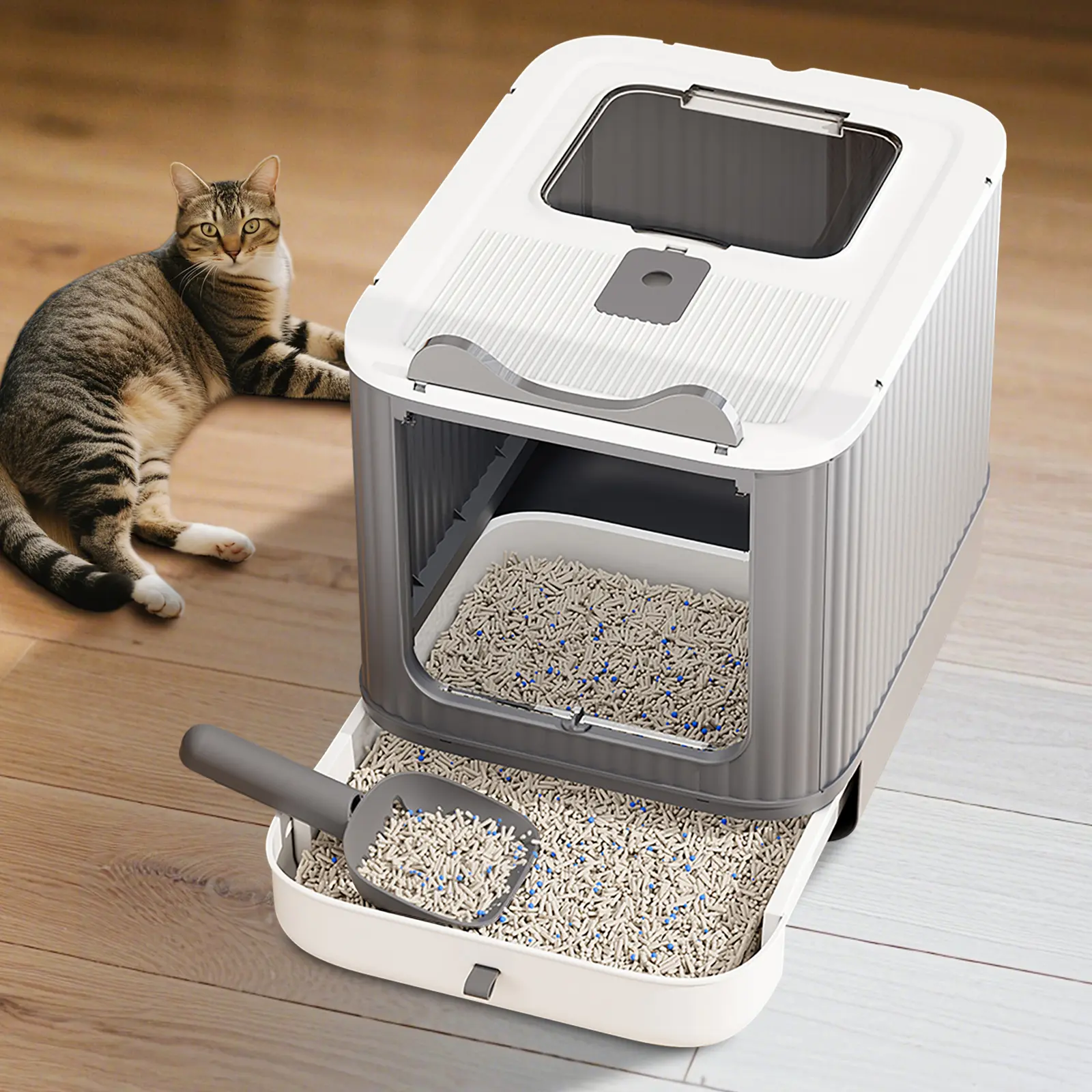 Litter Box Setup - Enclosed Cat Litter Box with Pull-Out Drawer, Foldable Covered Kitty Toilet with Front Entry and Removable Litter Tray for Indoor Cats, 17.72 x 13.78 x 13.78 in, Pink White Yellow Color Options for Everyday Home Use and Small Spaces