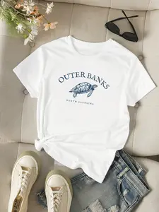 Outer Banks North Carolina Sea Turtle Print T-Shirt for Women | Beach Vibes Casual Streetwear Spring 2026 Top | Soft Polyester Loose Fit Tee | Gift for Friend Daily Outfit
